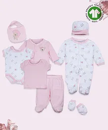 Baby Moo Organic Cotton Pack Of 8  Full Sleeves Bear Printed Romper Gift Set - Pink