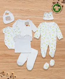 Baby Moo Organic Cotton Pack Of 8  Full Sleeves Bear Printed Romper Gift Set - White
