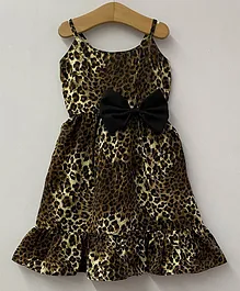 My Pink Closet Sleeveless All Over Leopard Printed & Bow Embellished Frill Hem Detailed Dress - Black