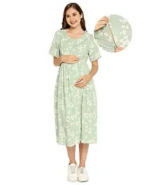 Bella Mama Women Soft Rayon Floral Printed Short Sleeves Maternity Dresses with Pocket - Green