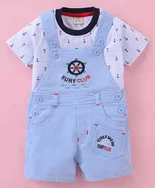 Jo&Bo Half Sleeves Steer Wheel Embroidered Dungaree With Ship Anchor Printed Striped Tee - Sky Blue