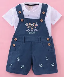 Jo&Bo Half Sleeves Sailor Theme Embroidered Dungaree With Printed Tee - Blue