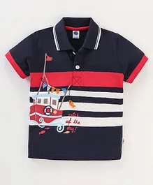 Teddy Sinker Half Sleeves T-Shirt Striped With  Fishing Boat Print- Navy Blue