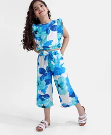 Ollington St. Rayon Sleeveless Floral Print Co-ord Top & Culottes Set with Self Fabric Belt - Blue
