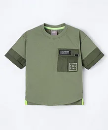 Little Kangaroos Loose Fit Half Sleeves Drop Shoulder T-Shirt Side Pocket Text Print  - Green