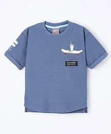 Little Kangaroos Loose Fit Drop Shoulder Half Sleeves T-Shirt Text Print  - Blue