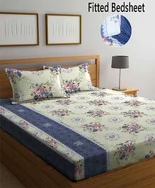FABINALIV Floral 210 TC Cotton Blend King Size Fitted Double Bedsheet with 2 Pillow Covers - Multicolor