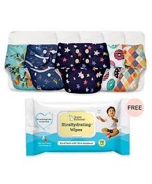 SupperBottoms Basic Reusable Cloth Diaper XtraHydrating Freesize Cloth Diapers and Free 72 Wipes Pack of 5 - Blue White Green