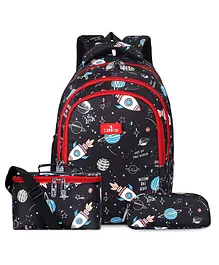 The Clownfish School Bag With Pencil Pouch & Lunch Bag Space Print Black - 16 Inches