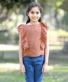 Cutiekins Frilled Sleeves Chevron Embroidered Top - Light Brown