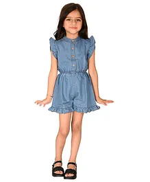 Lilpicks Couture Frill Cap Sleeves Solid Button Down Gathered Jumpsuit - Blue