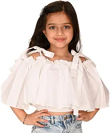 Lilpicks Couture Cold Shoulder Three Fourth Sleeves Solid Shoulder Tie Up Top - White