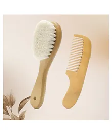 AHC Natural Goat Bristles Hair Brush and Wooden Comb Set for Babies and Toddlers - Brown