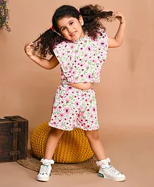 LIL PITAARA Pure Cotton Frilled Sleeves Floral Printed Co Ord Set - Pink