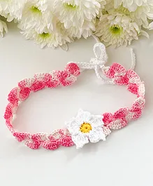Bobbles & Scallops Tie It Yourself Crochet Flower Embroidered Detail  Headband - White & Pink