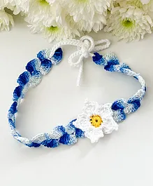 Bobbles & Scallops Tie It Yourself Crochet Flower Embroidered Detail  Headband - White & Blue