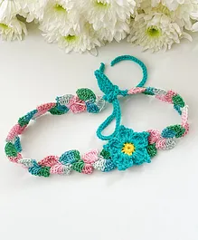 Bobbles & Scallops Tie It Yourself Crochet Flower Embroidered Detail  Headband - Green & Pink