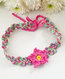Bobbles & Scallops Tie It Yourself Crochet Flower Embroidered Detail  Headband - Dark Pink & Green
