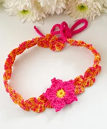 Bobbles & Scallops Tie It Yourself Crochet Flower Embroidered Detail  Headband - Dark Pink & Orange