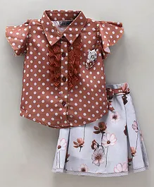 Enfance Cap Sleeves Polka Dots & Floral Printed Corsage Applique Top With Skirt - Brown