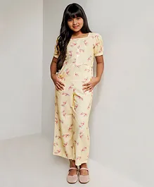 AND Girl Puffed Sleeves Floral Printed Jumpsuit - Yellow