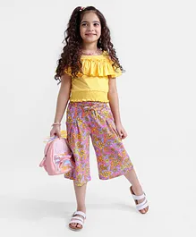 Ollington 100% Cotton  St. Frill Cold Shoulder Top with Knitted Floral Printed Culottes - Yellow & Pink