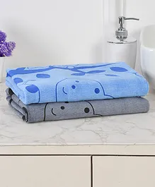 JARS Collections 100% Microfiber Super Soft Baby Bath Towel Cartoon Print Pack of 2 - Sky Blue & Grey