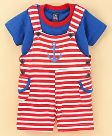 Jb Club Half Sleeves Solid Tee With Striped Anchor Embroidered Dungaree - Red Blue