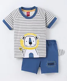 Jb Club Half Sleeves Lion Printed & Rugby Striped Tee With Roar Text Embroidered Shorts - Blue