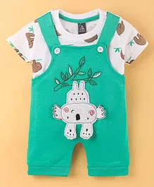 Jb Club Half Sleeves Sloth Printed Tee With Patched Dungaree - Green