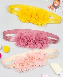 Bellazaara Set Of 3 Chiffon Flower Embellished Headbands - Peach Yellow & Pink