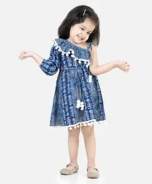 BownBee Pure Cotton One Shoulder Three Fourth Sleeves Floral Printed Pom Pom Detailed Dress - Blue