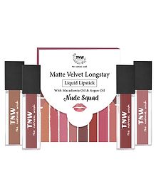 TNW The Natural Wash Matte Velvet Longstay Liquid Lipstick Mini Nude Squad with Macadamia Oil and Argan Oil Pack of 4 - 1.2 ml