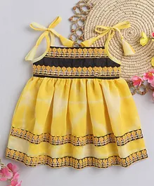 Many frocks & Sleeveless Floral Embroidered Lace Embellished Yoke & Bottom Fit & Flare Dress - Yellow