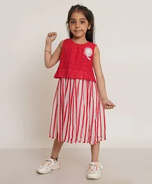 Creative Kids Sleeveless Floral Lace Bodice Embroidered & Candy Striped Dress  - Red