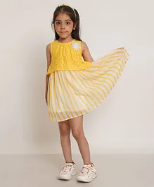 Creative Kids Sleeveless Floral Lace Bodice Embroidered & Candy Striped Dress - Yellow