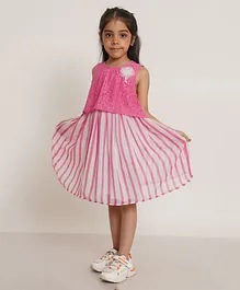 Creative Kids Sleeveless Floral Lace Bodice Embroidered & Candy Striped Dress - Pink