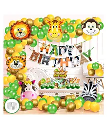 Zyozi Jungle Safari Happy Birthday Decoration Kids Animal Birthday Party Decoration Banner with Balloons Cake Topper Cup Cake Topper and Foil Balloons for Boy Birthday - Pack of 89