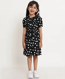 Creative Kids Half Sleeves Polka Dots Printed Gathered A Line Dress - Black & White