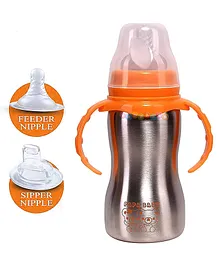Fantasy India World Baby Feeding Bottle High Grade Stainless Steel 2 in 1 Sipper and Feeding Bottle with Silicone Nipple Orange - 290 ml