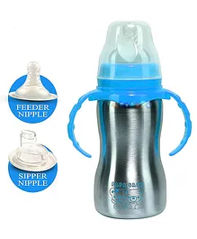 Fantasy India World Baby Feeding Bottle High Grade Stainless Steel 2 in 1 Sipper and Feeding Bottle with Silicone Nipple Blue - 290 ml