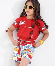 Ollington St. 100% Cotton Text Printed Top & Shorts With Belt- Red & Blue