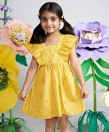 Miko Lolo Organic Cotton Frill Cap Sleeves All Over Flowers & Tree Printed Fit & Flare Dress - Yellow