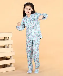 Piccolo Full Sleeves Seamless Garden Flowers Printed Coordinating Night Suit - Blue