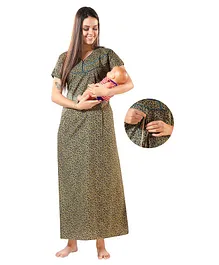 Piu Half Sleeves Seamless Ditsy Floral Printed Maternity Night Dress With With Concealed Zipper Nursing Access - Blue