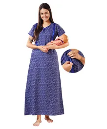 Piu Half Sleeves Seamless Floral Swirl Printed Maternity Night Dress With With Concealed Zipper Nursing Access - Blue