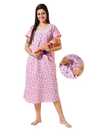 Piu Half Sleeves Railroad Striped & Watermelon Printed Maternity Night Dress With Concealed Zipper Nursing Access - Pink