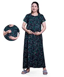 Mamma's Maternity Half Sleeves Abstract Printed Maternity Night Wear - Green Black