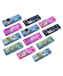 Asera Mix Design Pencil Box With LED Lamp and Dual Sharpener for School Kids Pack of 12- Multicolor