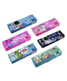 Asera Pencil Box with LED Light Lamp and Dual Sharpener For School Kids Pack of 6- Multicolor